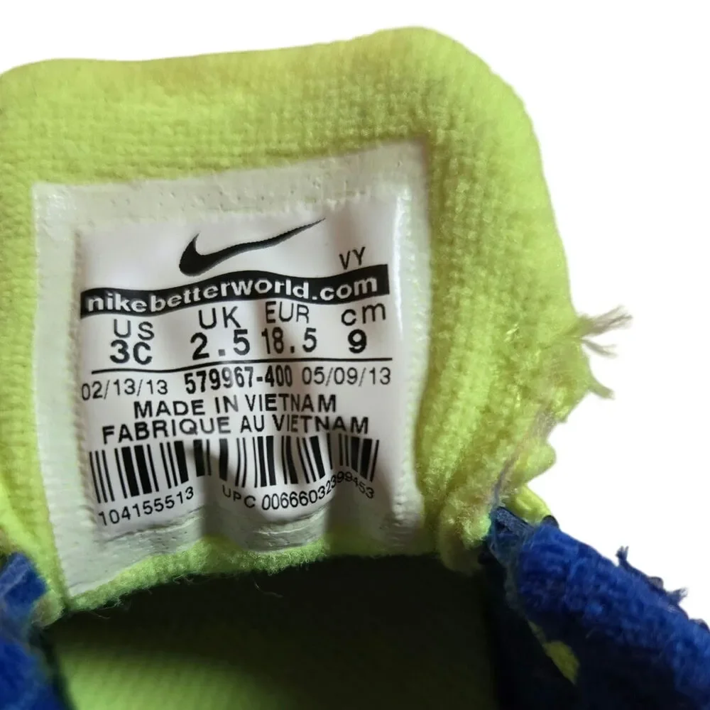 Nike Tennis Shoes Baby Toddler Size US 3C Blue Yellow Hook and Loop Fastener